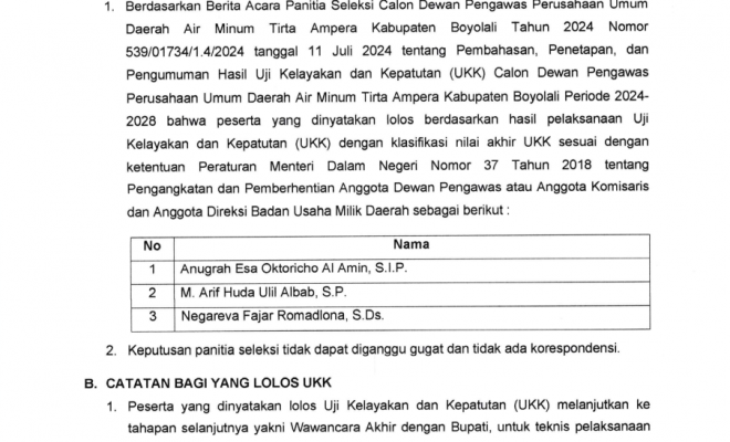 PENGUMUMAN HASIL UJI KEPATUTAN DAN KELAYAKAN (UKK) CALON DEWAN PENGAWAS PERUSAHAAN UMUM DAERAH AIR M...
